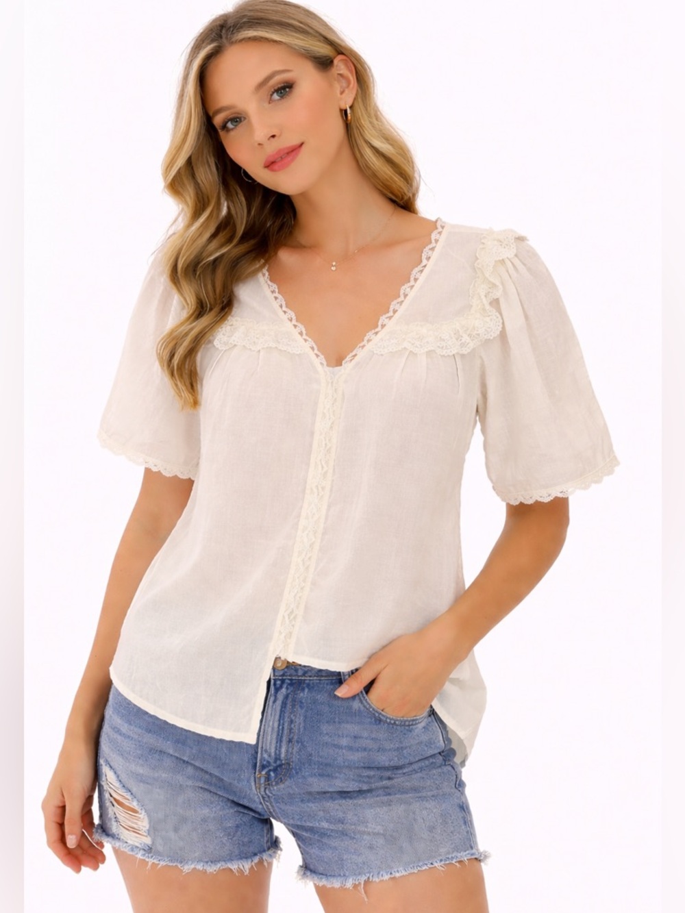 Laurel Grey NEW Cream Lace Trim Boho Peasant Blouse Romantic Cottagecore Top M